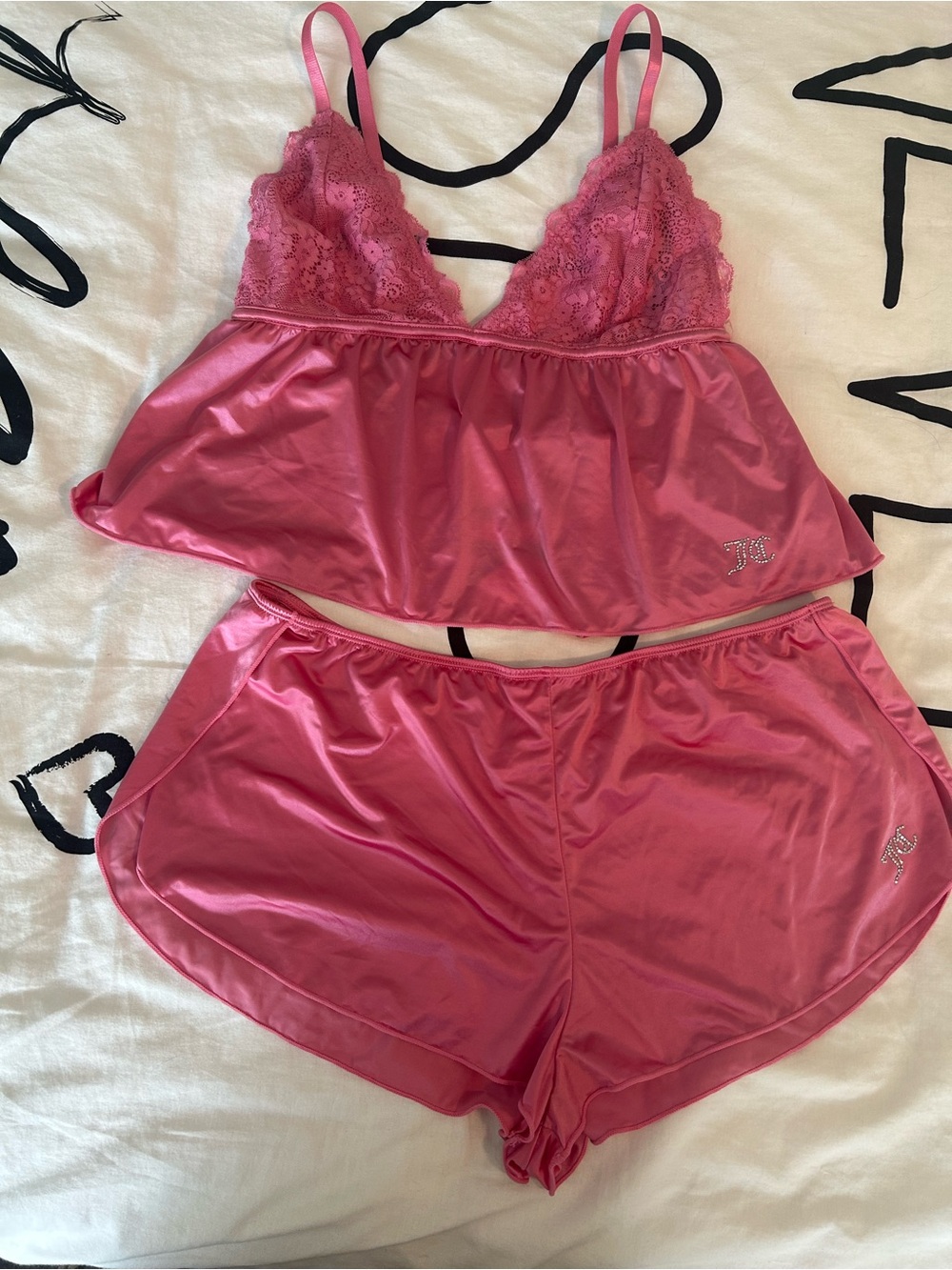 Juicy Couture Hot Pink Satin Lace Cami & Shorts Set